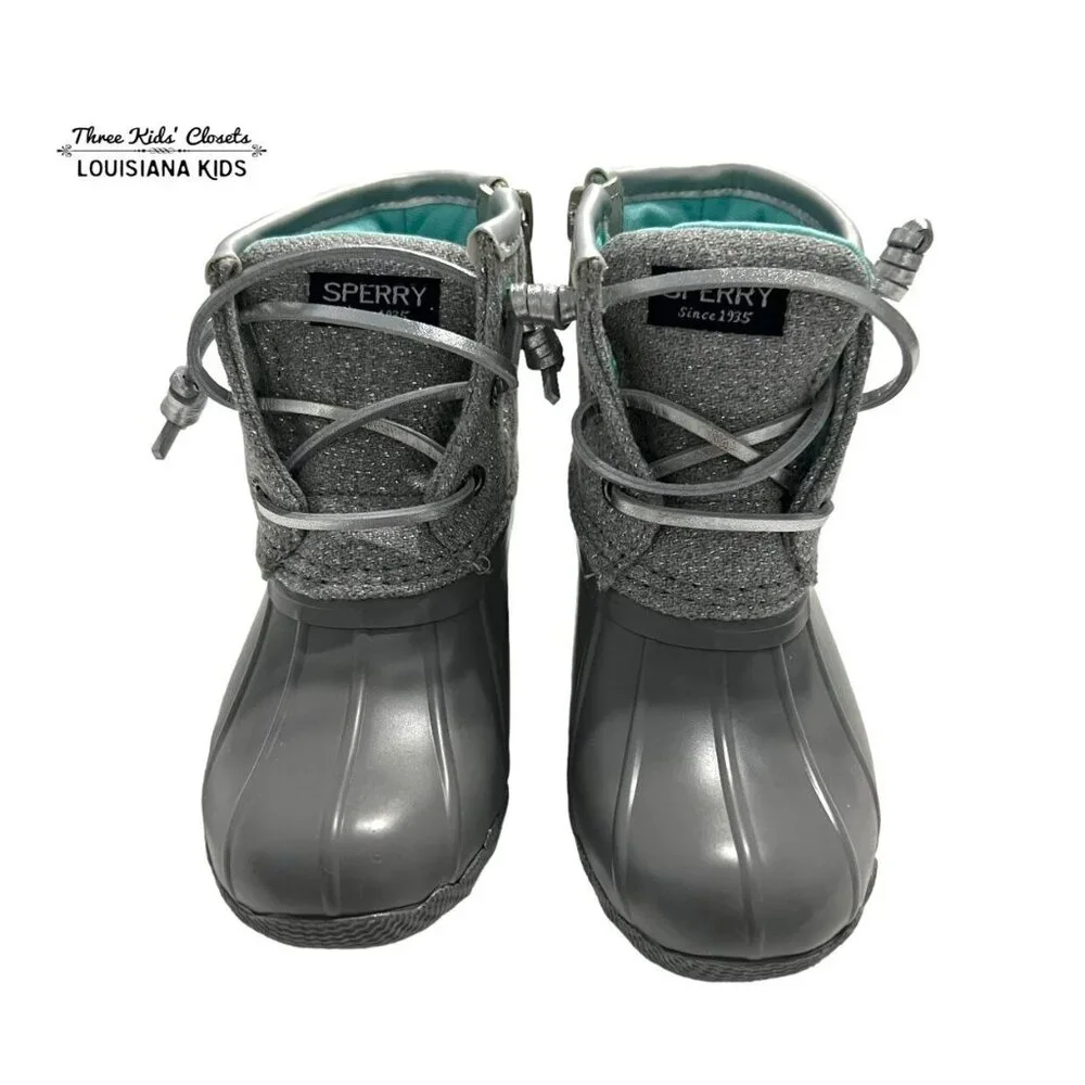 NEW Sperry 9M Sparkly Grey & Aqua Saltwater Boots
